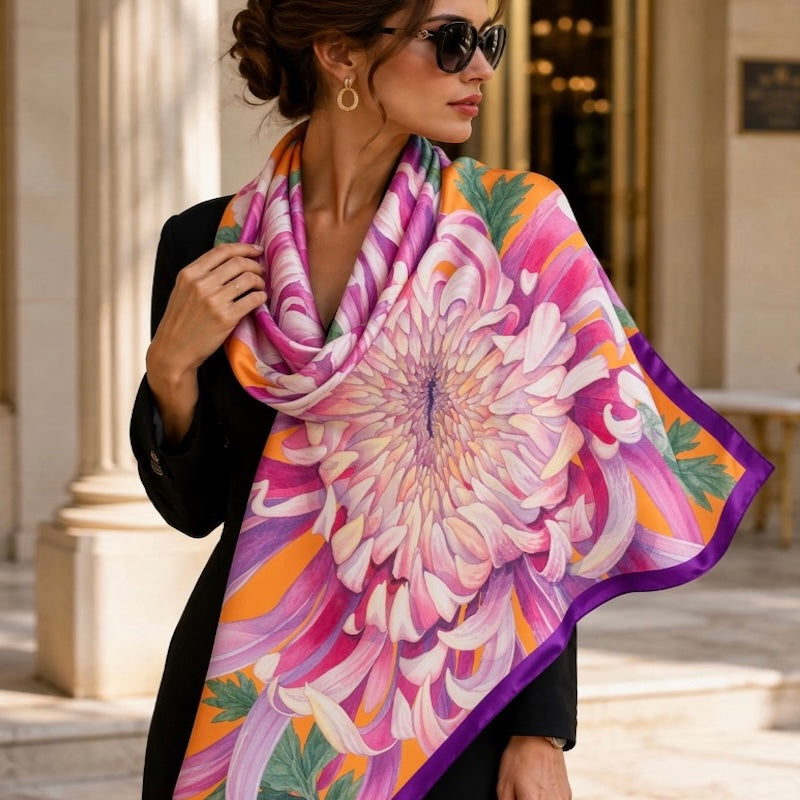 vibrant silk scarf with a detailed chrysanthemum floral print in pink, purple, orange,