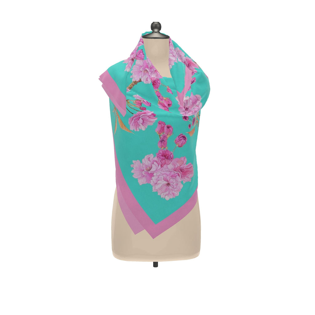 Patterned Silk Scarf Sakura | Pink and Turquoise Color