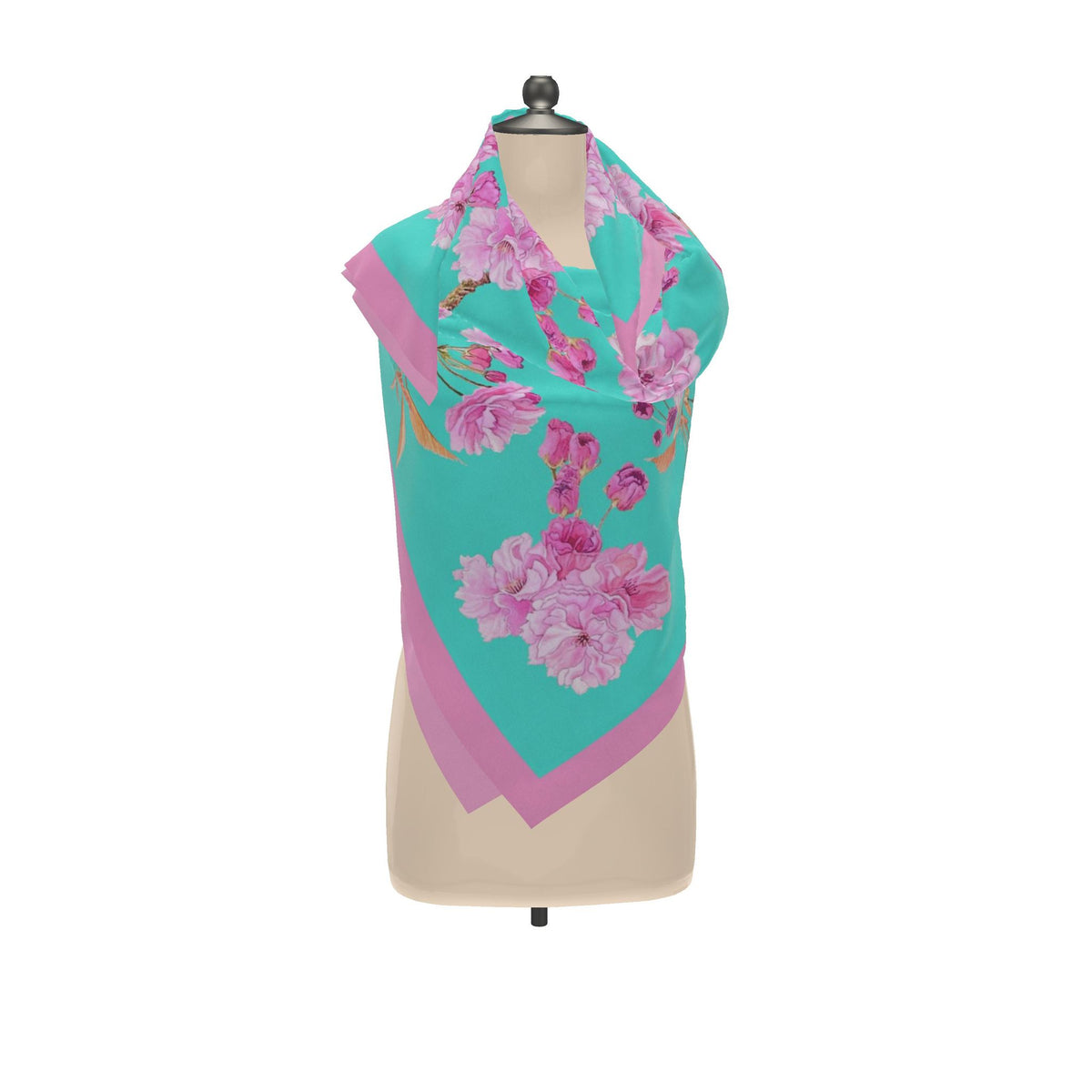 Patterned Silk Scarf Sakura | Pink and Turquoise Color