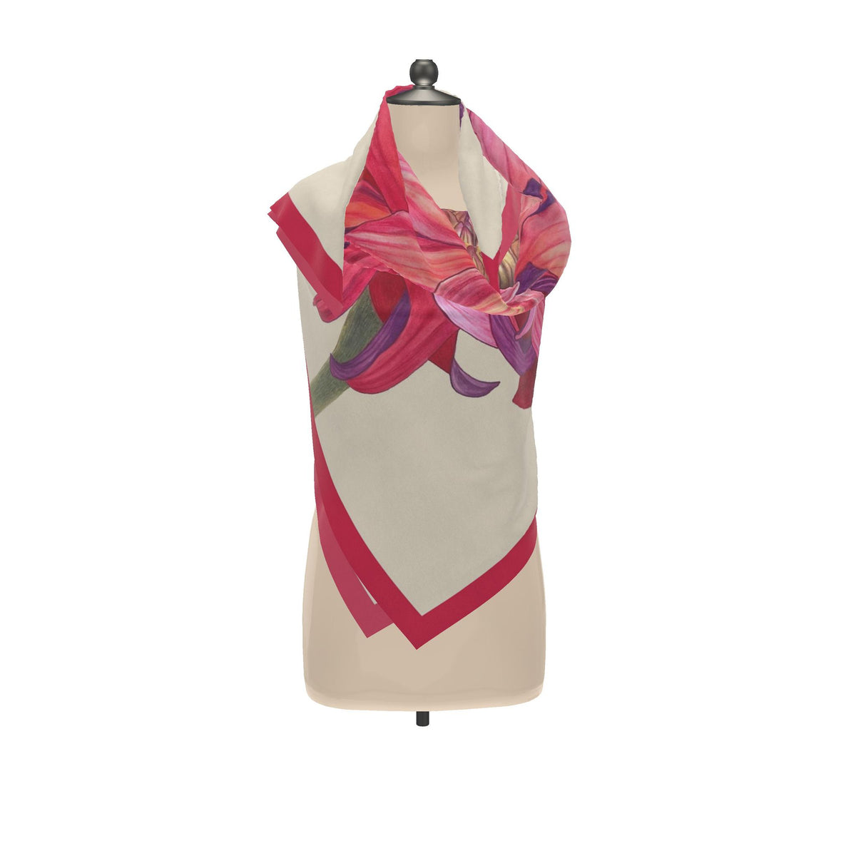 Flower Silk Scarf Chrysanthemum | Red and BBeige Color