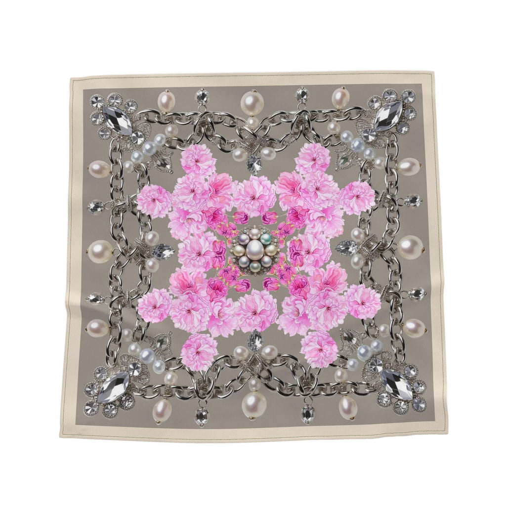 Silk Neck Scarf Bandana Sakura and Pearl Pattern | Cream Brown Color
