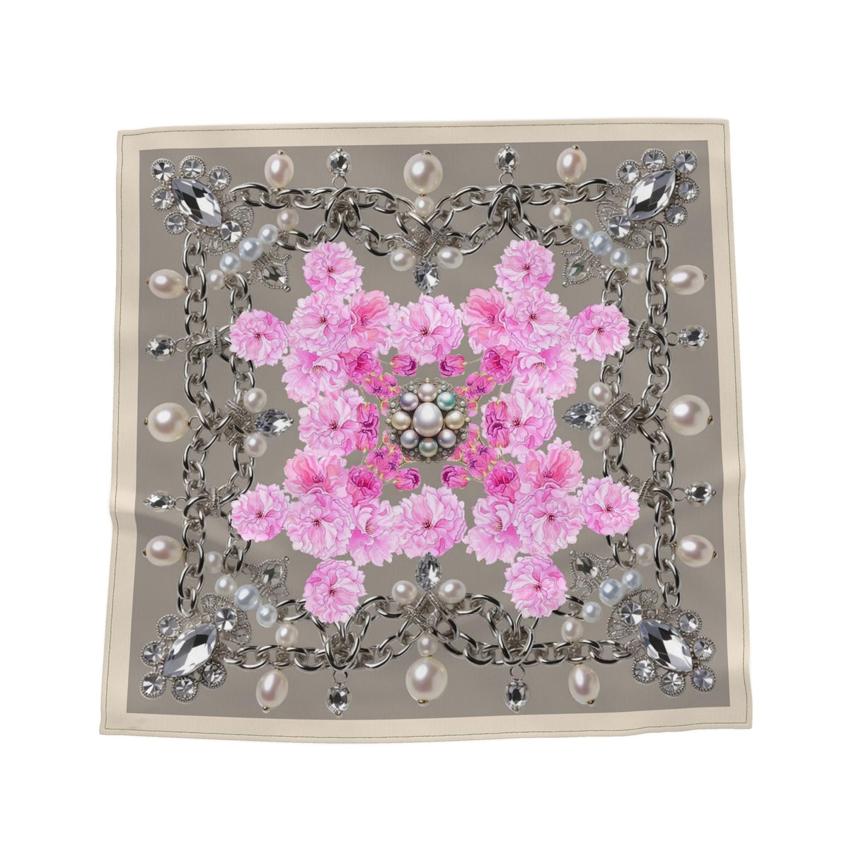 Silk Neck Scarf Bandana Sakura and Pearl Pattern | Cream Brown Color