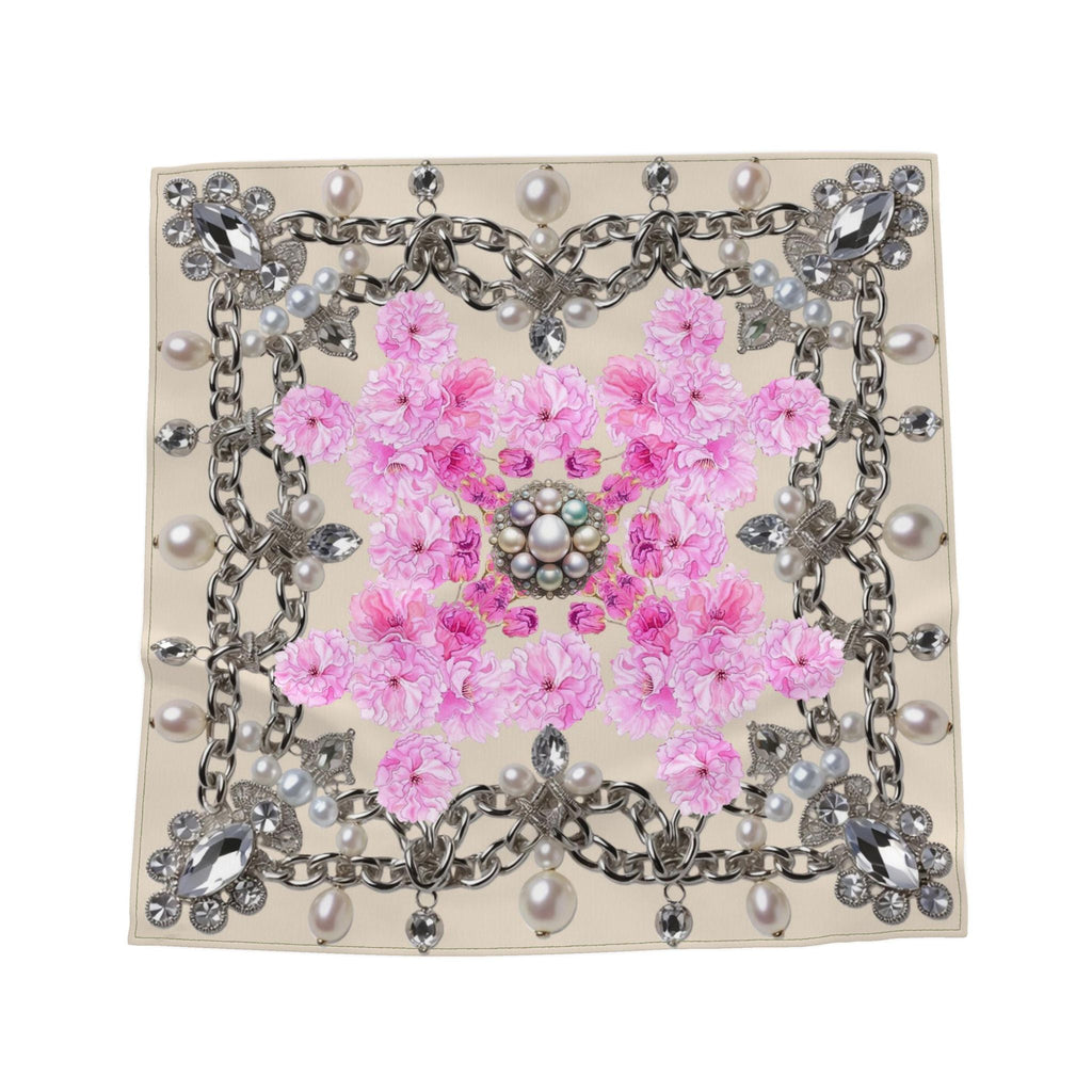 Silk Neck Scarf-Bandana with Sakura and Pearl Pattern | Cream Color