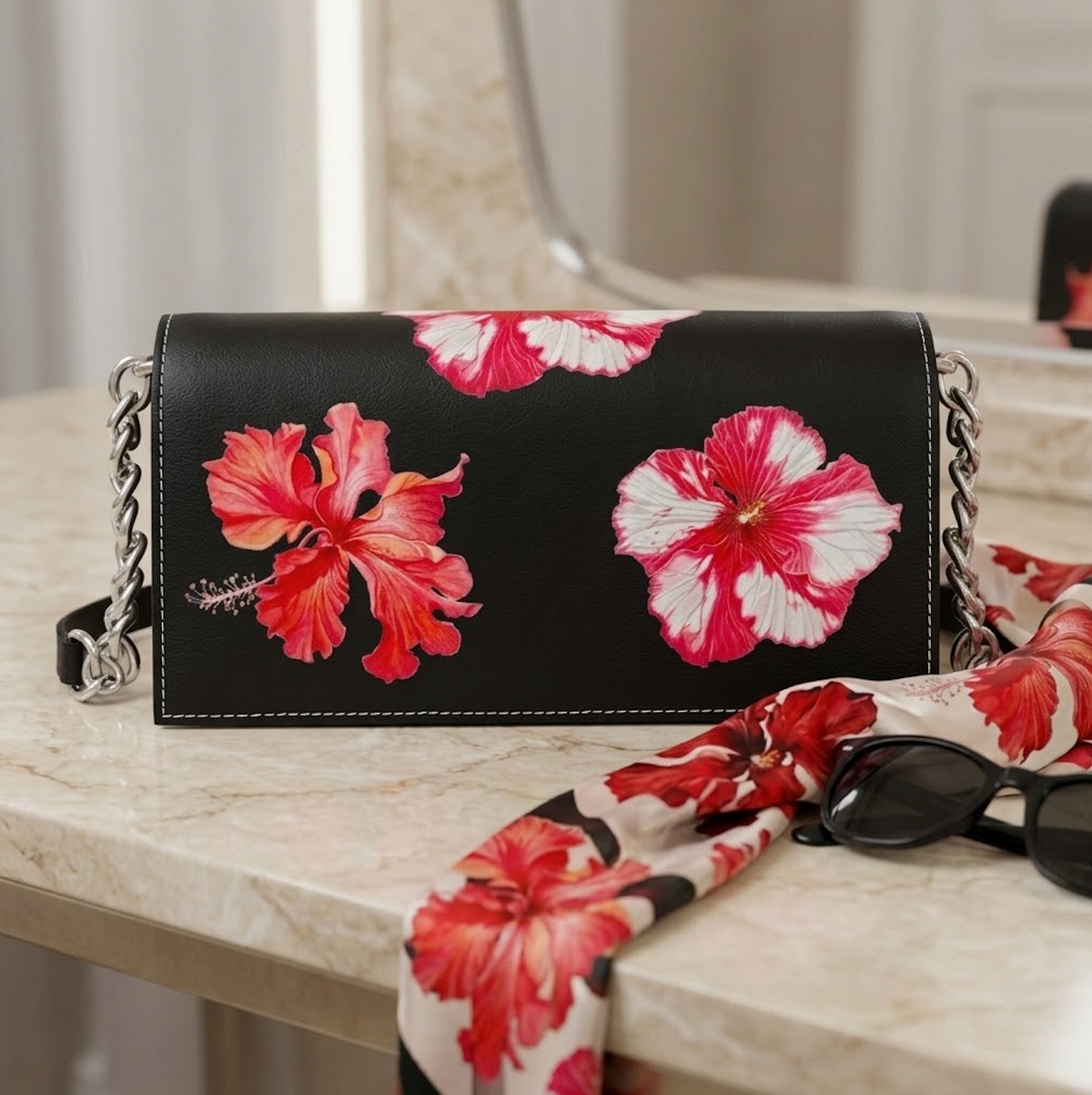 Black Shoulder Purse Hibiscus | Black Color with Red Flowers