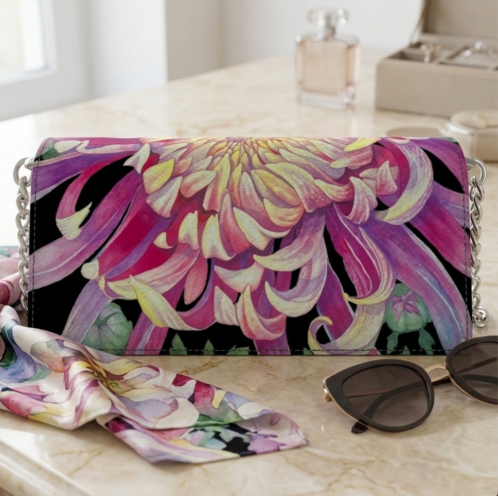 Black Shoulder Bag Dahlia | Black Color with Pink and Purple Flower