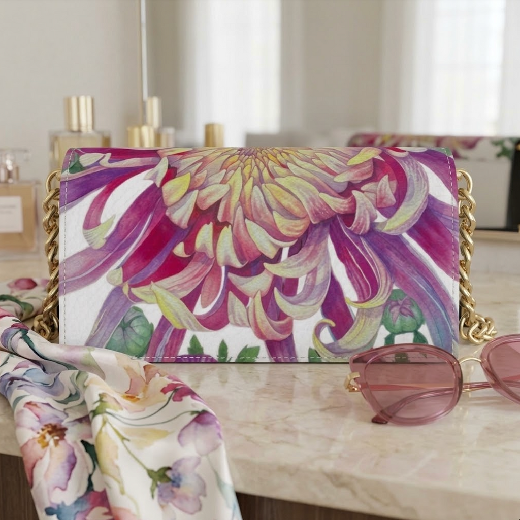 White Shoulder Bag "Dahlia" | White Color with Pink and Purple Flower