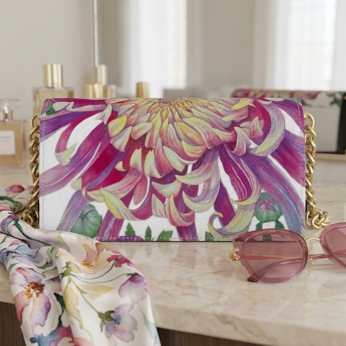 White Shoulder Bag "Dahlia" | White Color with Pink and Purple Flower