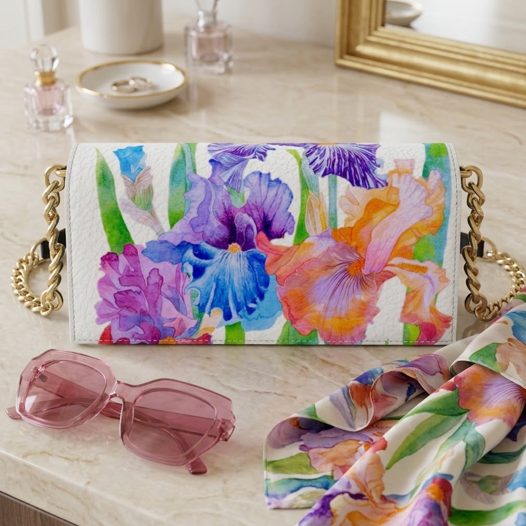 White Leather Handbag Irises | White with Colourful Flowers