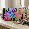 Black Leather Handbag Irises | Black with Colourful Flowers