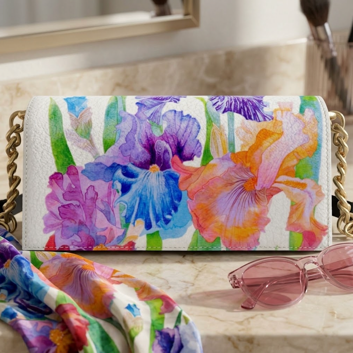 White Leather Handbag Irises | White with Colourful Flowers