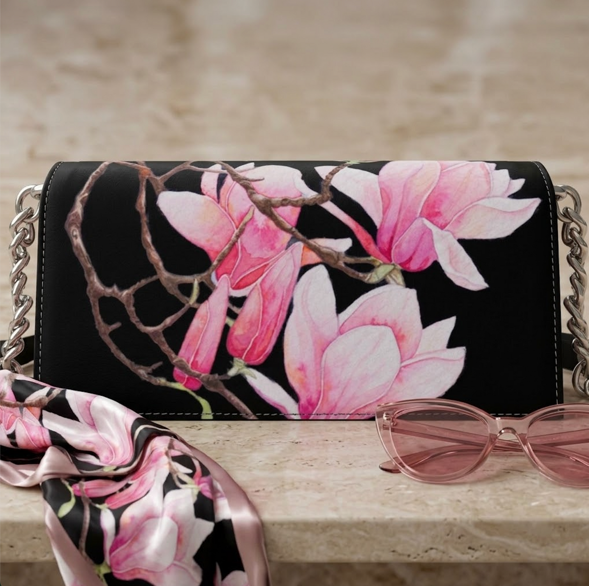 Leather Purse Magnolia | Black Color with Pink Flowers