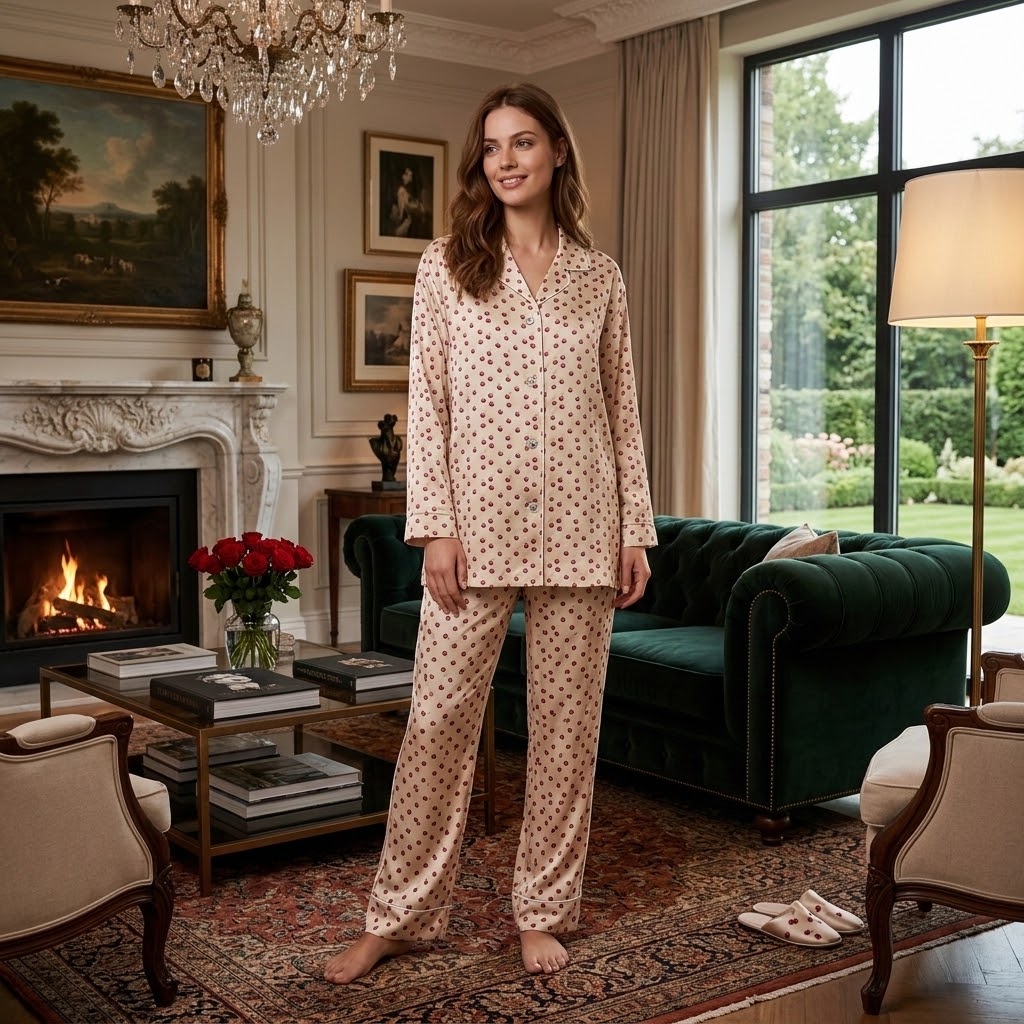 Silk Pajama Shirt Cherry | Beige and Red Color
