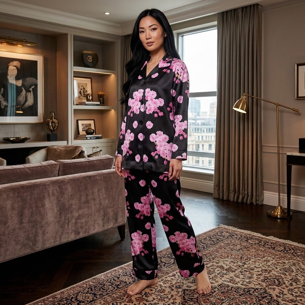 Silk Pajama Sakura | Black and Pink