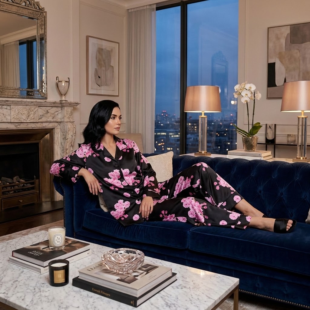 Silk Pajama Sakura | Black and Pink