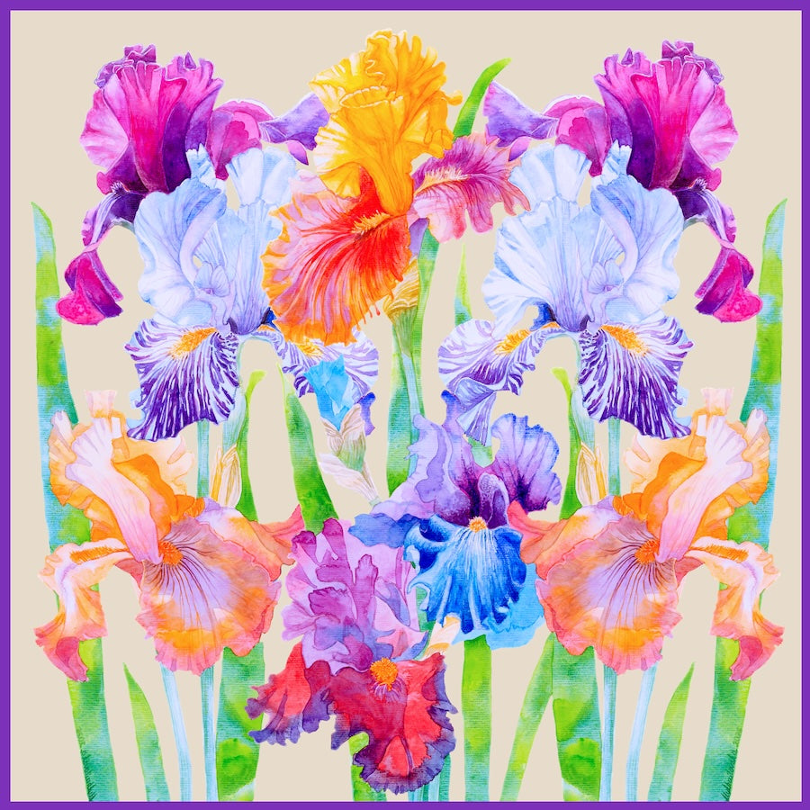 Scarf  with Watercolour Print Irises | Beige