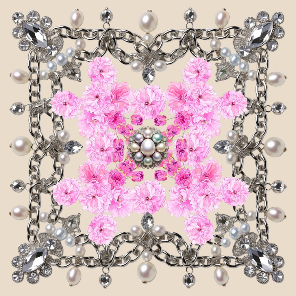 Silk Neck Scarf-Bandana with Sakura and Pearl Pattern | Cream Color
