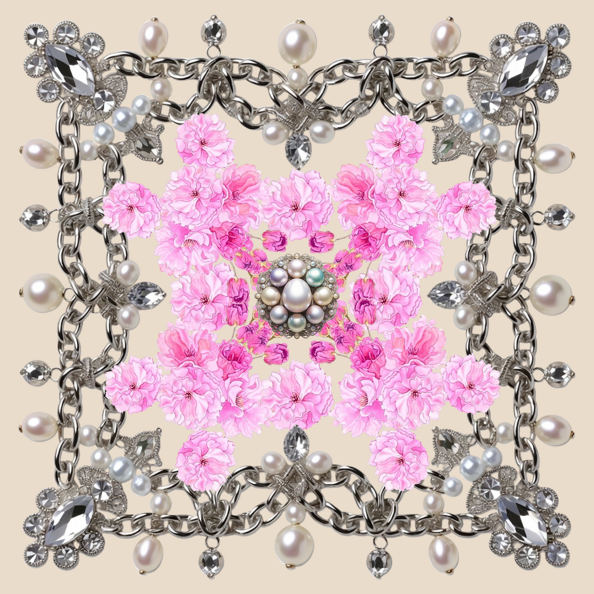 Silk Neck Scarf-Bandana with Sakura and Pearl Pattern | Cream Color