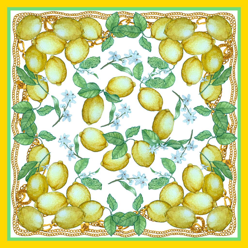 Silk Scarf Lemons | White Yellow Green Color