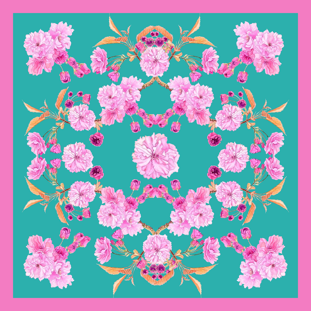 Patterned Silk Scarf Sakura | Pink and Green Color