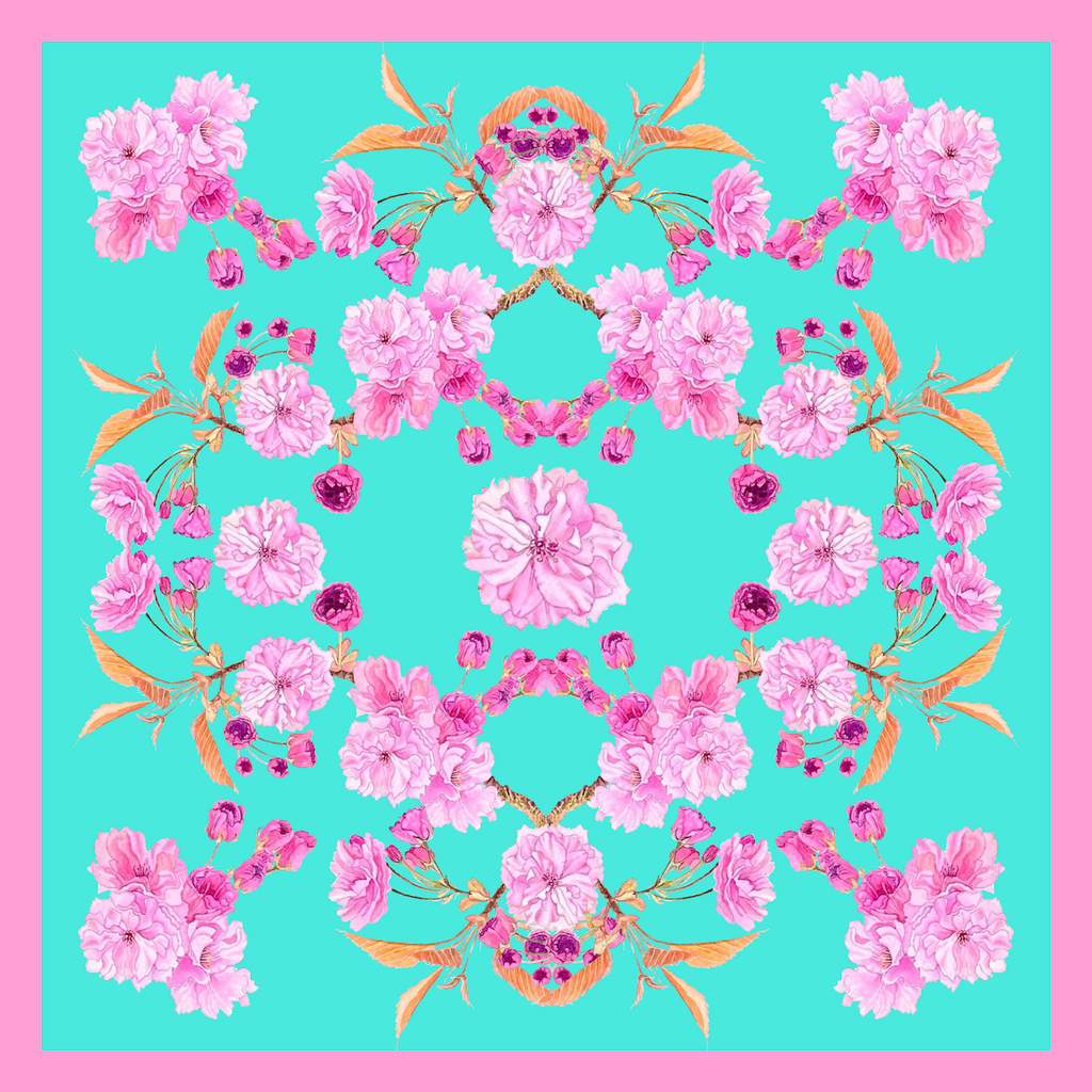 Patterned Silk Scarf Sakura | Pink and Turquoise Color