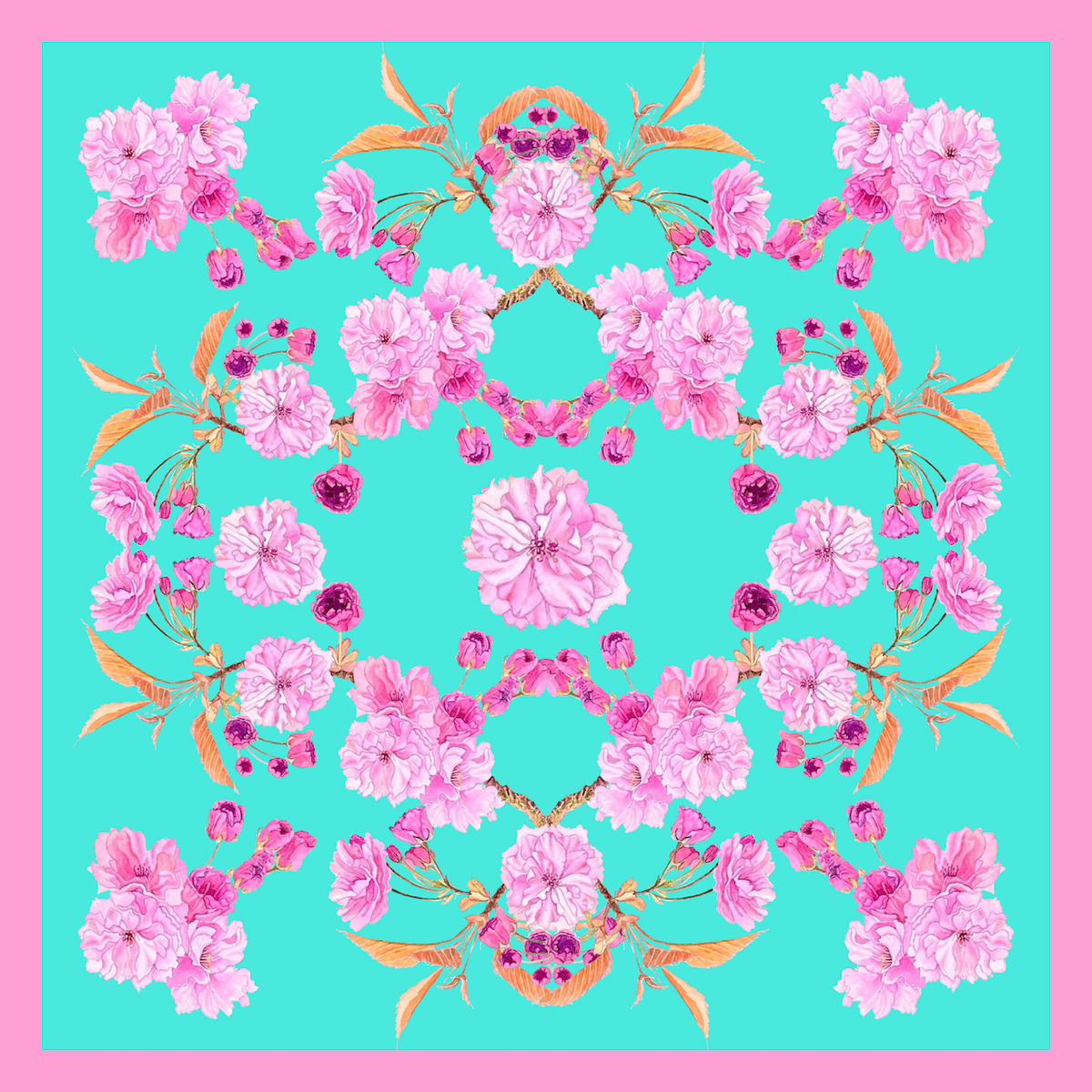 Patterned Silk Scarf Sakura | Pink and Turquoise Color