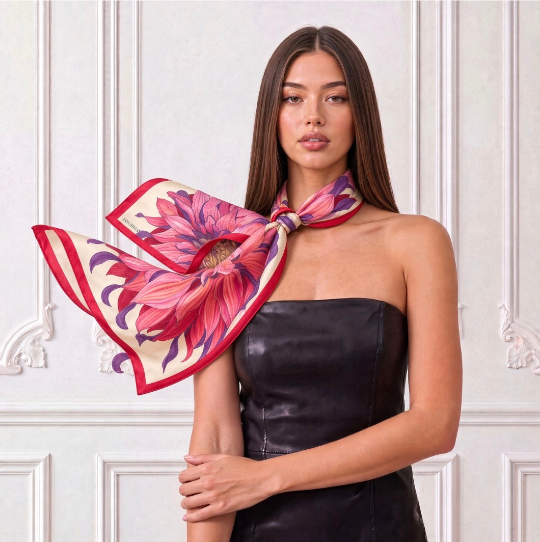 Flower Silk Scarf Сhrysanthemum | White and Red Color