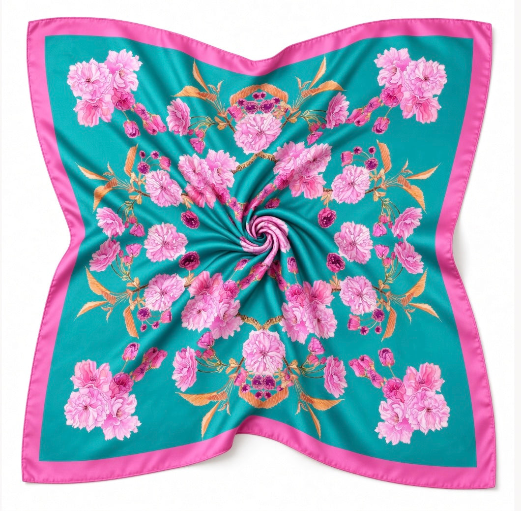 Patterned Silk Scarf Sakura | Pink and Green Color
