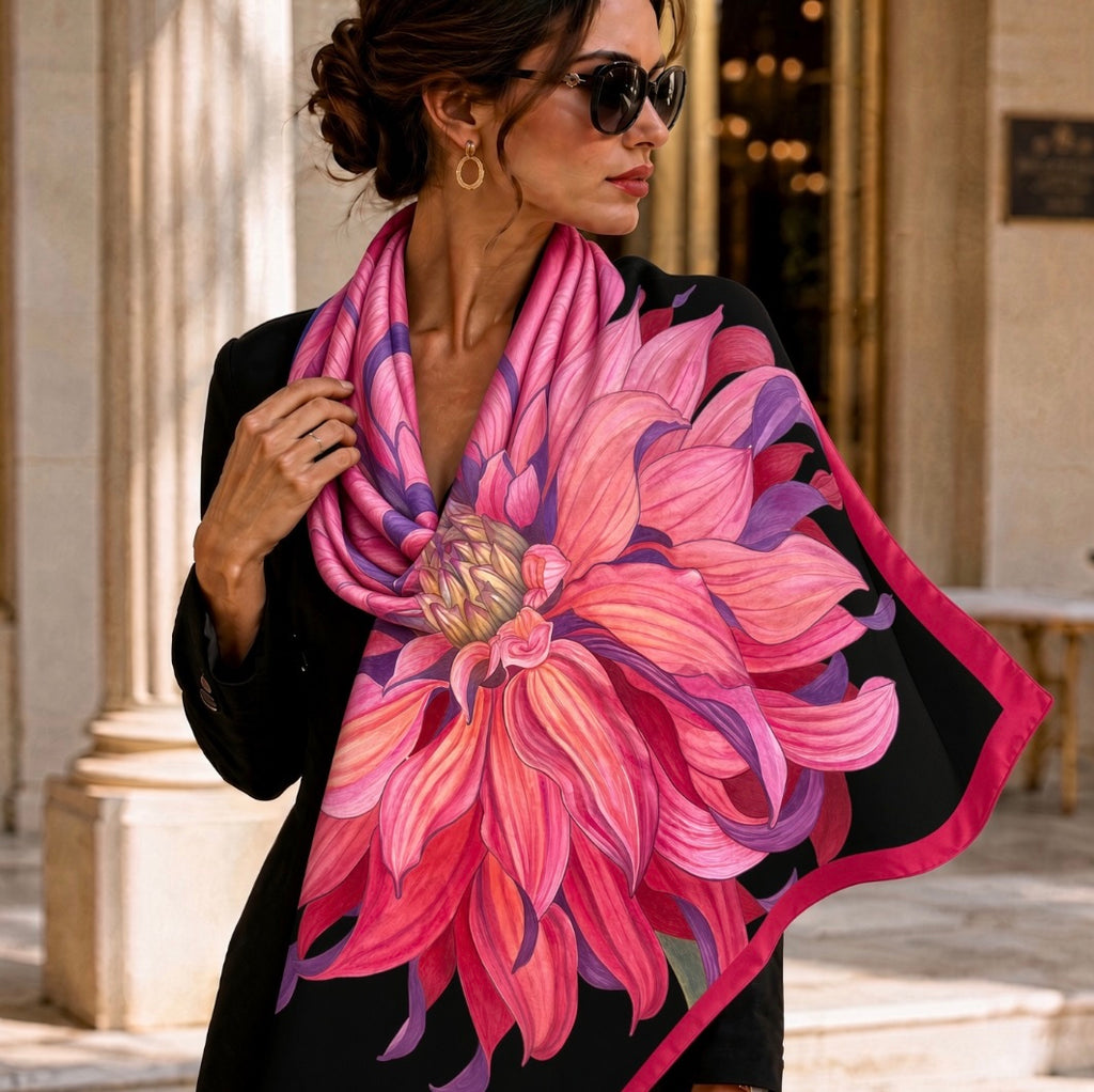 Flower Silk Scarf Chrysanthemum | Red and Black Color