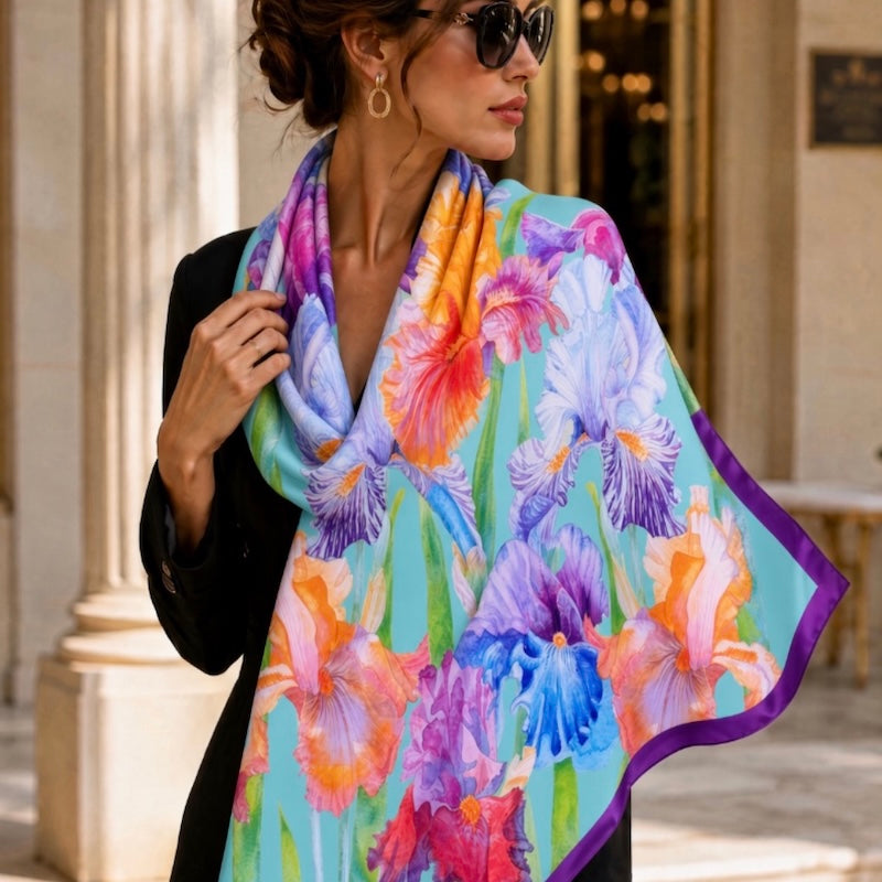 Flower Silk Scarf Irises | Turquoise Color