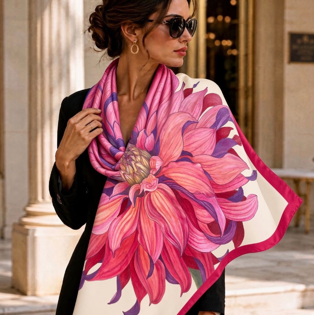 Flower Silk Scarf Chrysanthemum | Red and BBeige Color