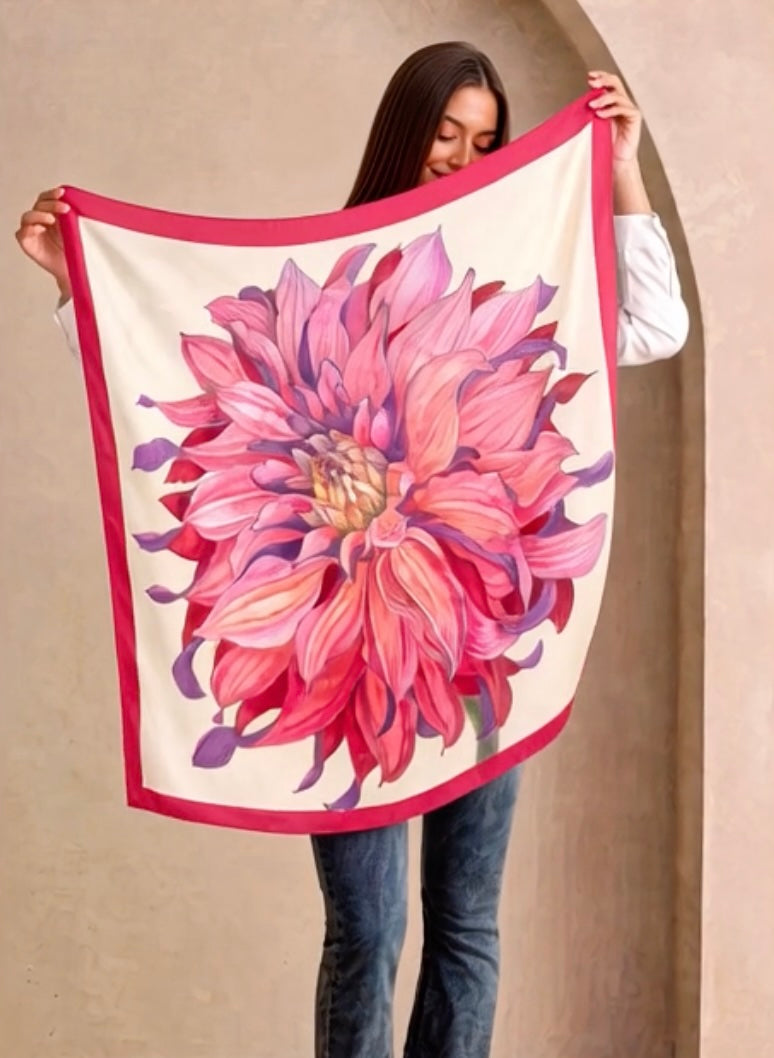 Flower Silk Scarf Chrysanthemum | Red and BBeige Color