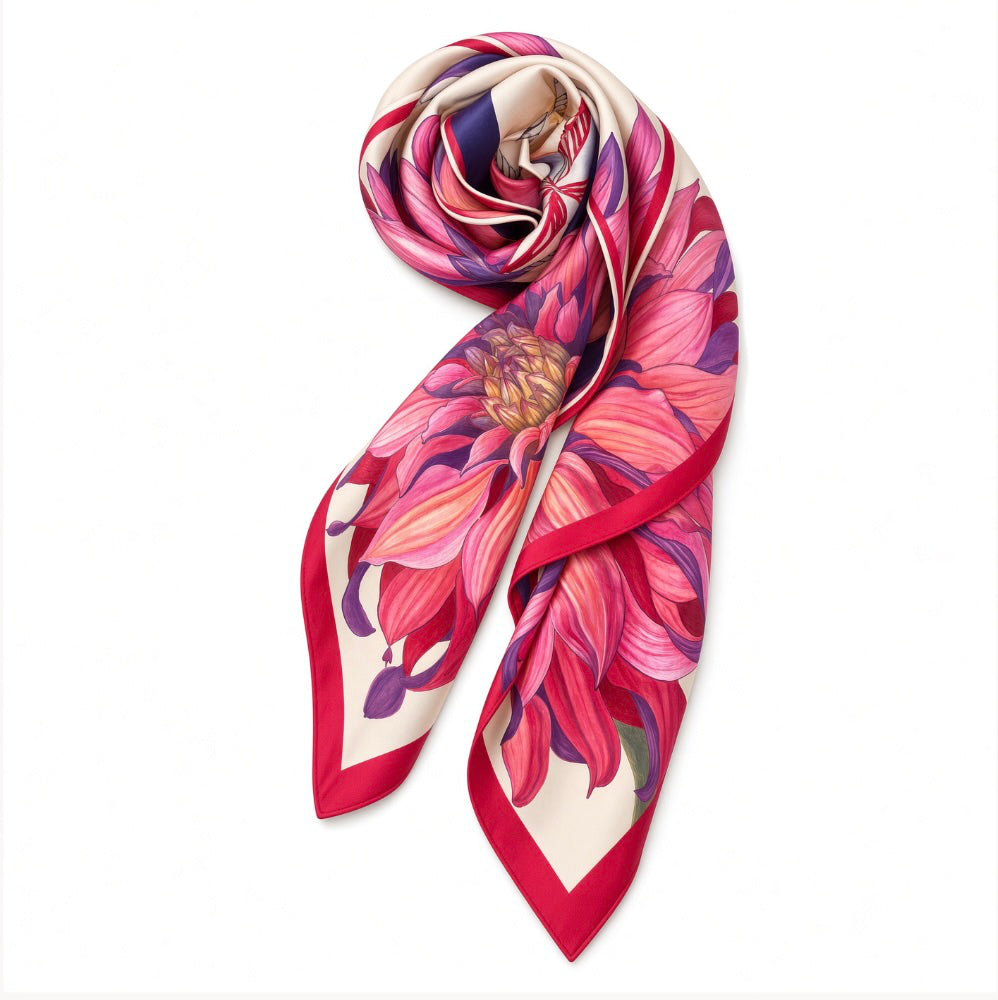 Flower Silk Scarf Сhrysanthemum | Red and Beige