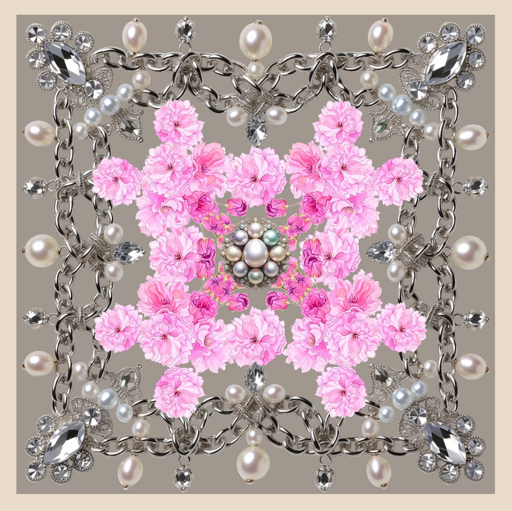 Silk Neck Scarf Bandana Sakura and Pearl Pattern | Cream Brown Color