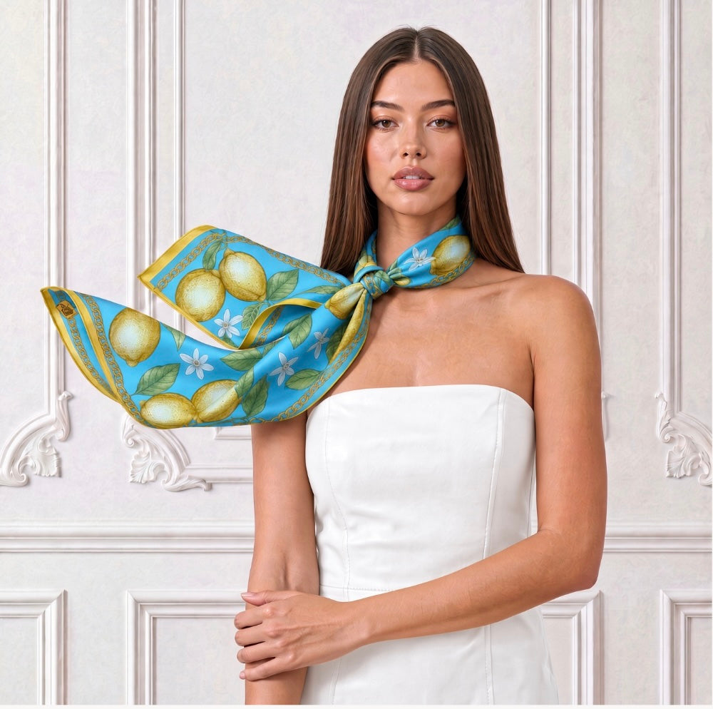 Silk Scarf Lemons | Blue Color