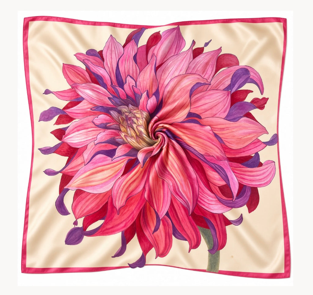 Flower Silk Scarf Chrysanthemum | Red and BBeige Color