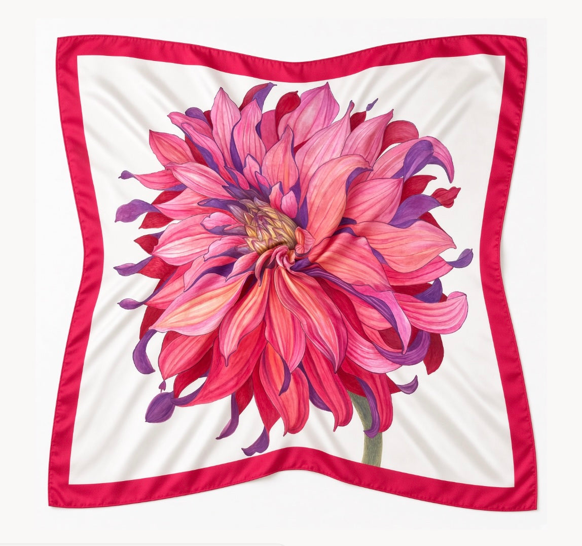 Flower Silk Scarf Сhrysanthemum | White and Red Color