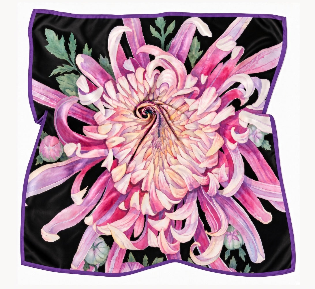 Flower Silk Scarf Dahlia | Black Color