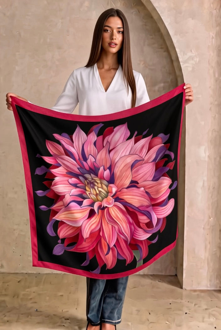 Flower Silk Scarf Chrysanthemum | Red and Black Color