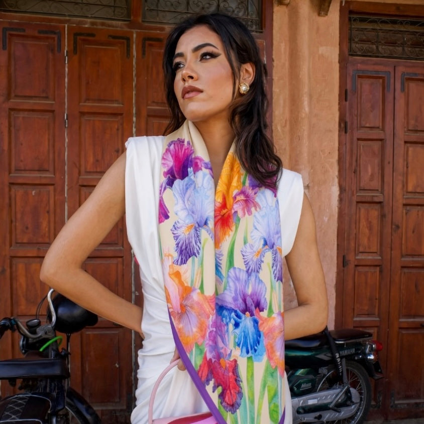 Flower Silk Scarf Irises | Beige color