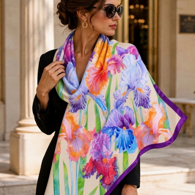 Flower Silk Scarf Irises | Beige color