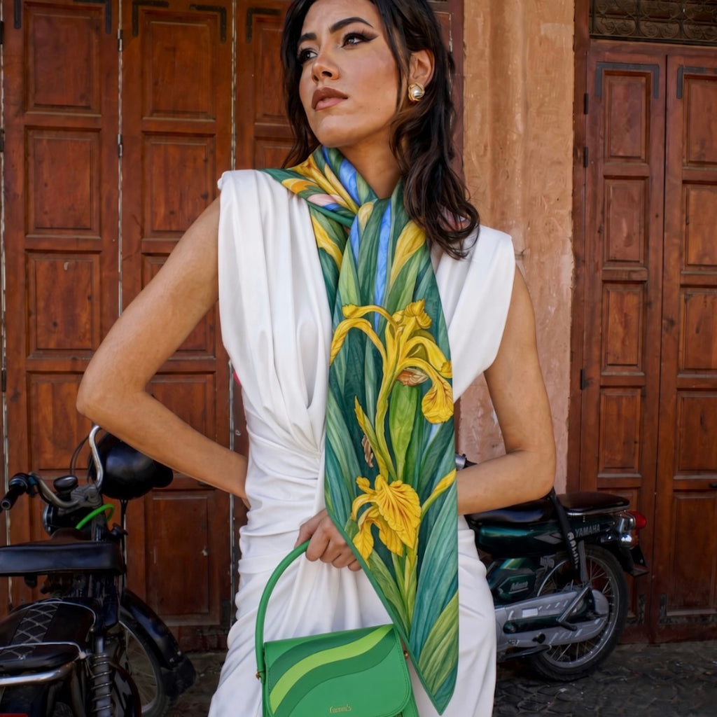 Flower Silk Scarf Yellow Irises | Green and Yellow Color