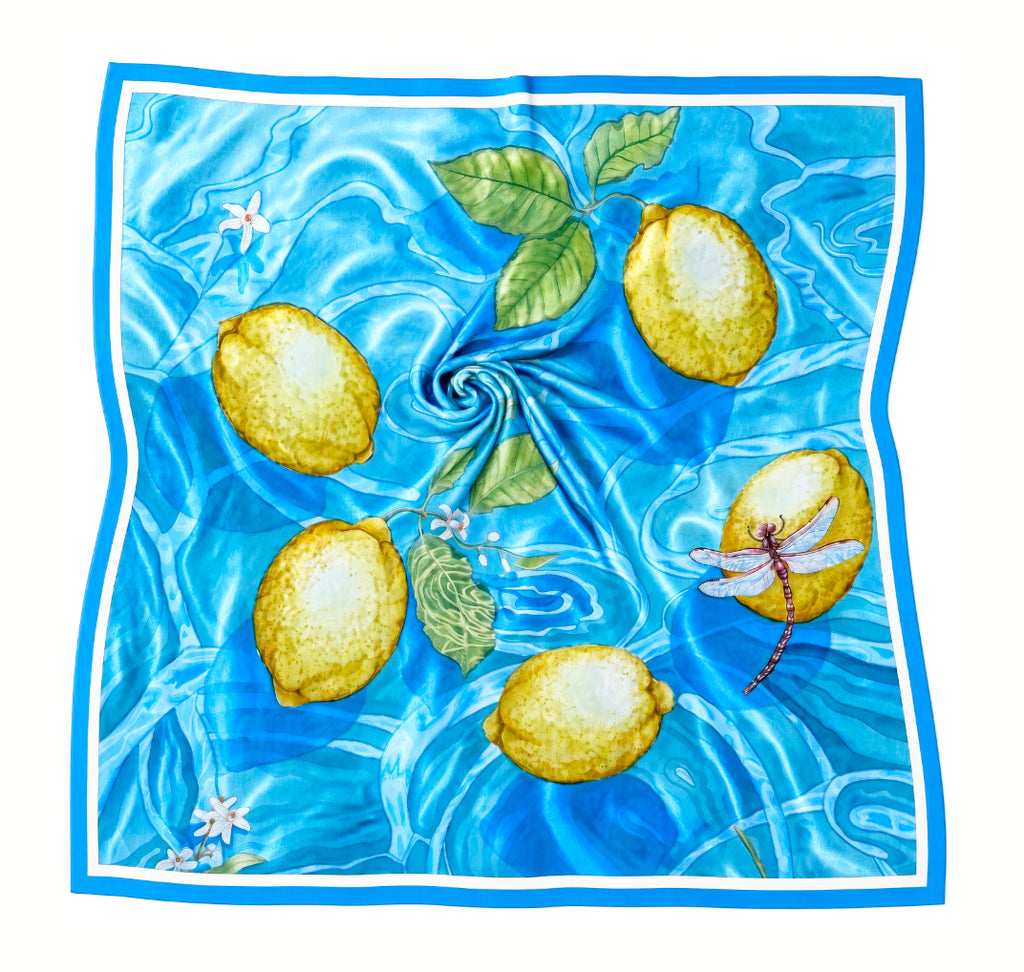 Silk Scarf Lemons in the Sea | Blue and Yellow Color