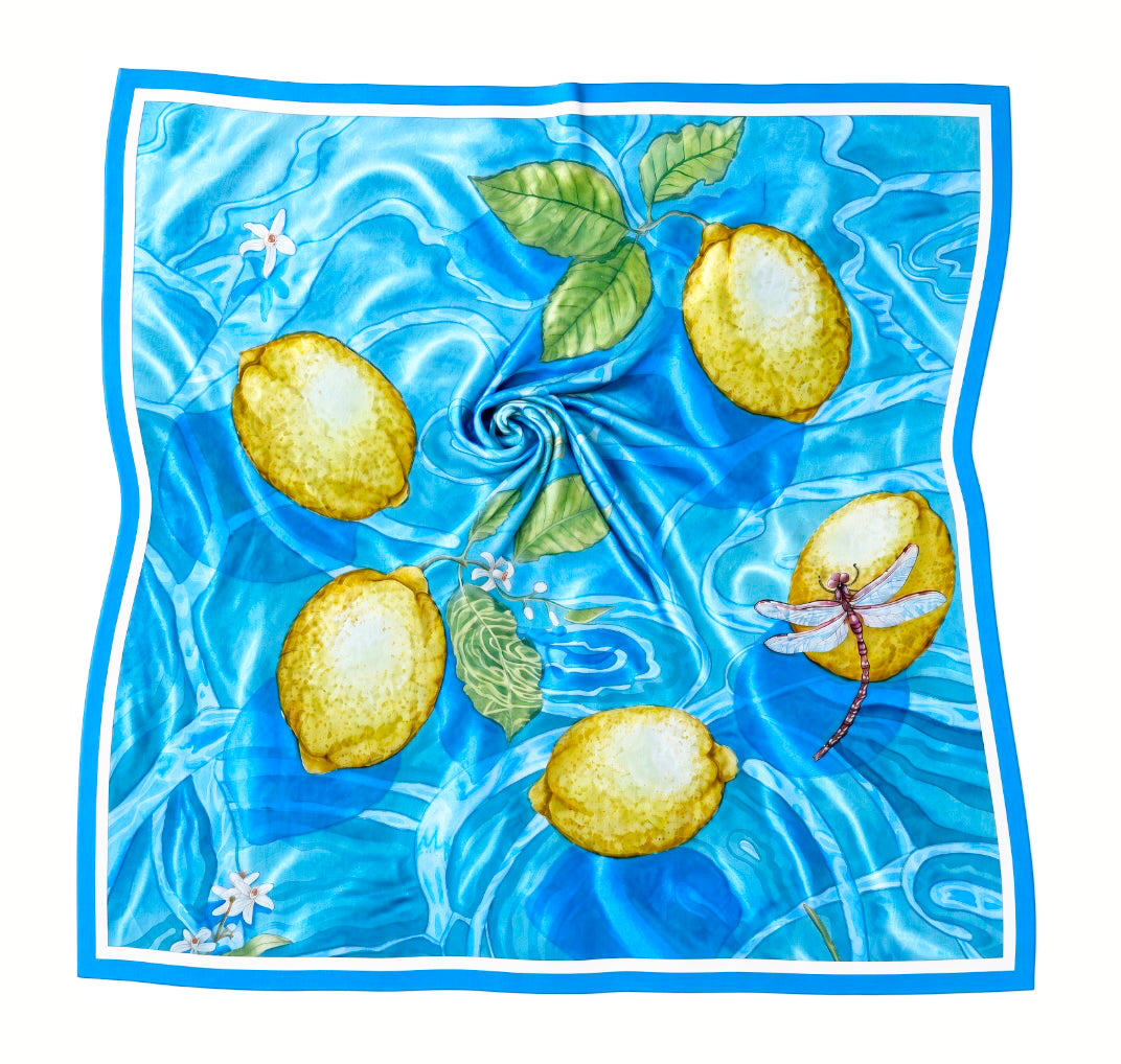 Silk Scarf Lemons in the Sea | Blue and Yellow Color