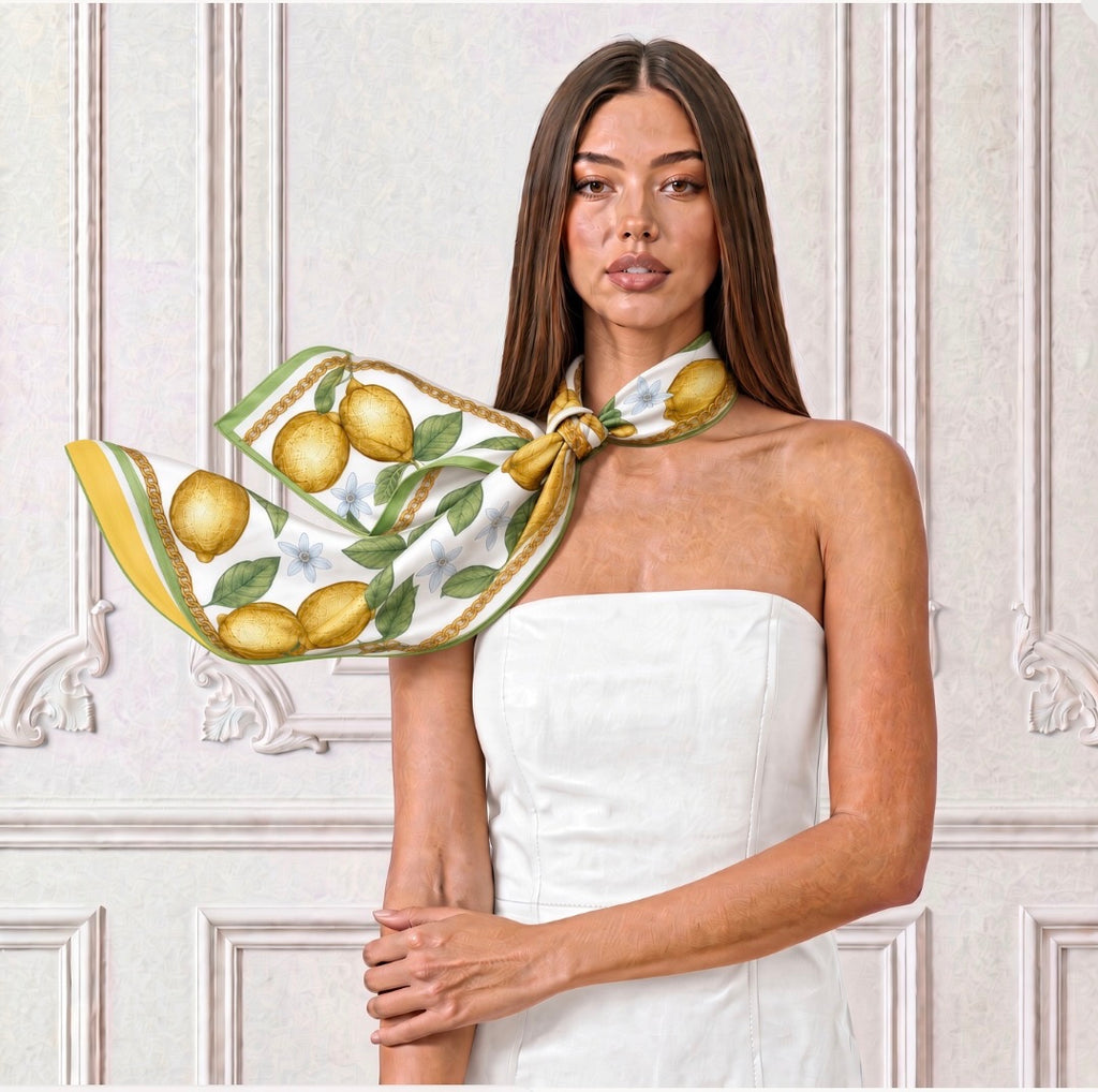 Silk Scarf Lemons | White Yellow Green Color