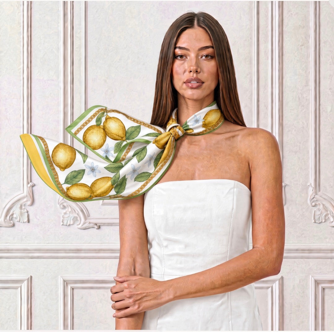 Silk Scarf Lemons | White Yellow Green Color