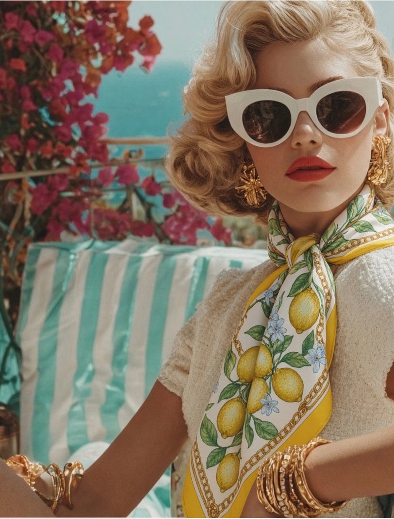 Silk Scarf Lemons | White Yellow Green Color