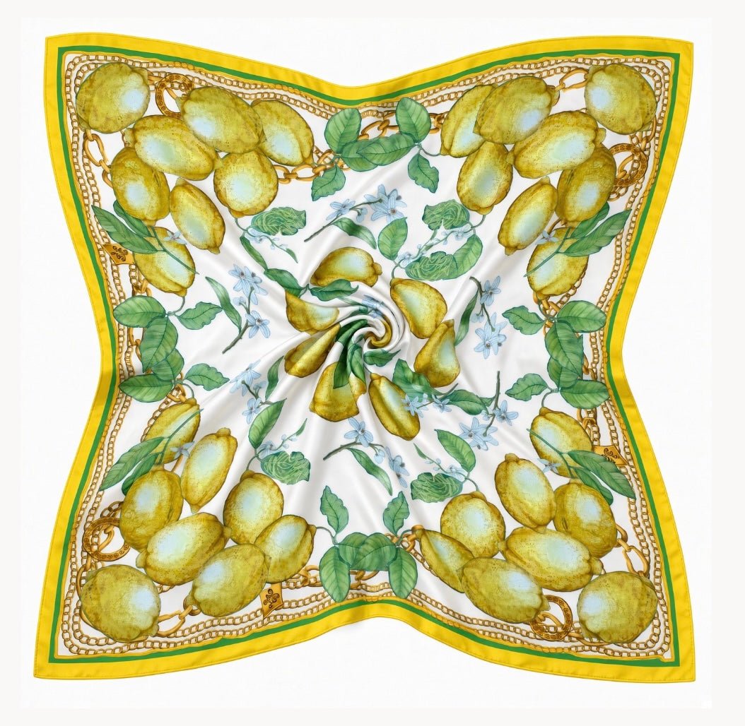 Silk Scarf Lemons | White Yellow Green Color