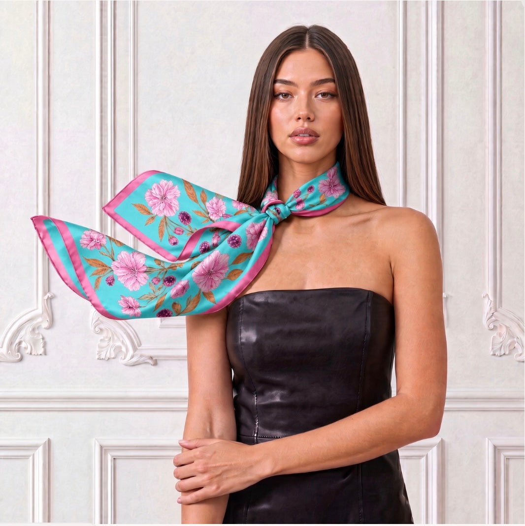 Patterned Silk Scarf Sakura | Pink and Turquoise