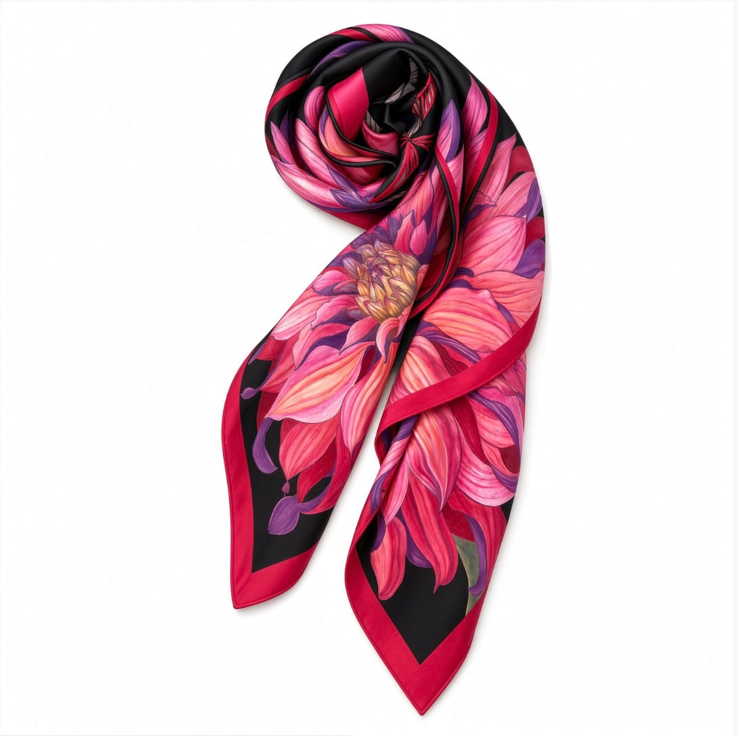 Flower Silk Scarf Chrysanthemum | Red and Black Color