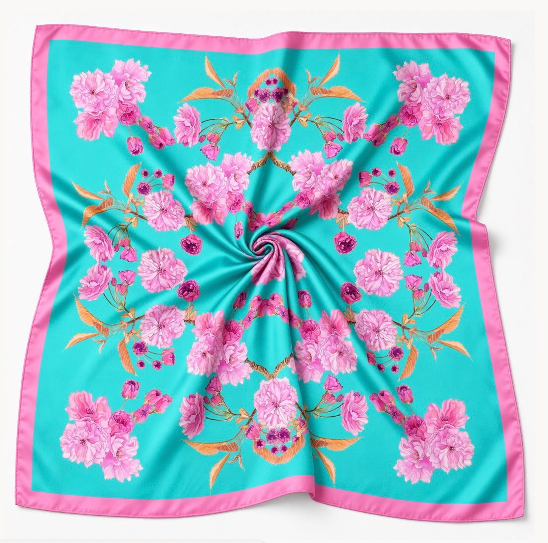 Patterned Silk Scarf Sakura | Pink and Turquoise Color